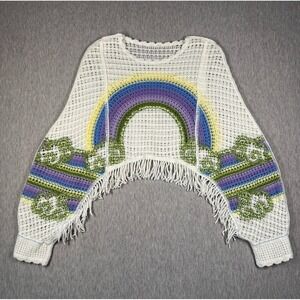 Handmade Crochet Rainbow Cropped Sweater Fringe Boho Festival Knit Top